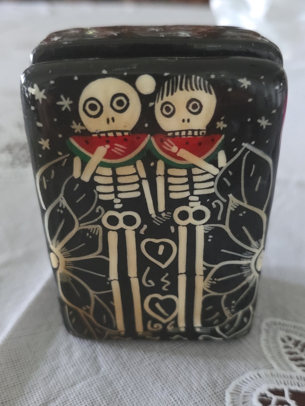 Hand-Painted Skeleton Couple Trinket Box - Black with Cream & Red Accents